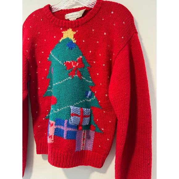 Vintage Wool Ugly Christmas Sweater Hand Knit Tree and Gifts Red Green Medium JL - Picture 3 of 11